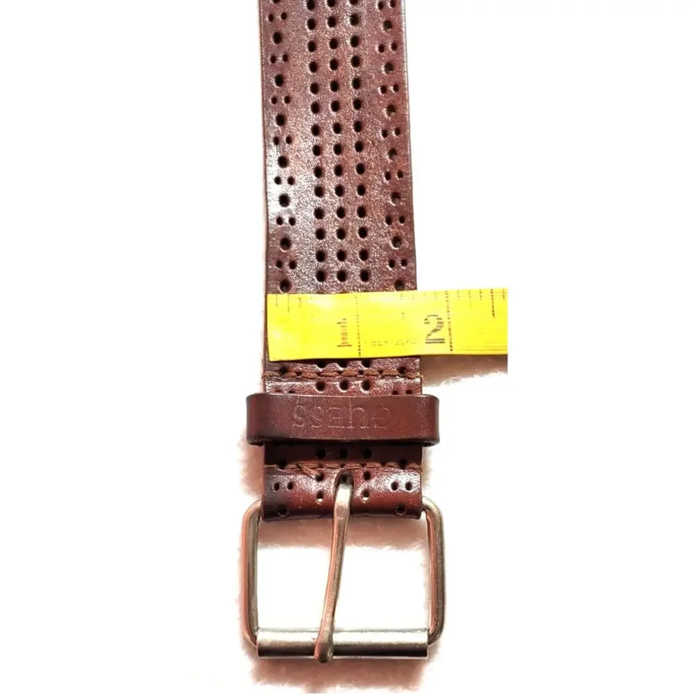 Guess Mens Brown Punched Wide Leather Belt Sz 40 Western Silvertone Buckle